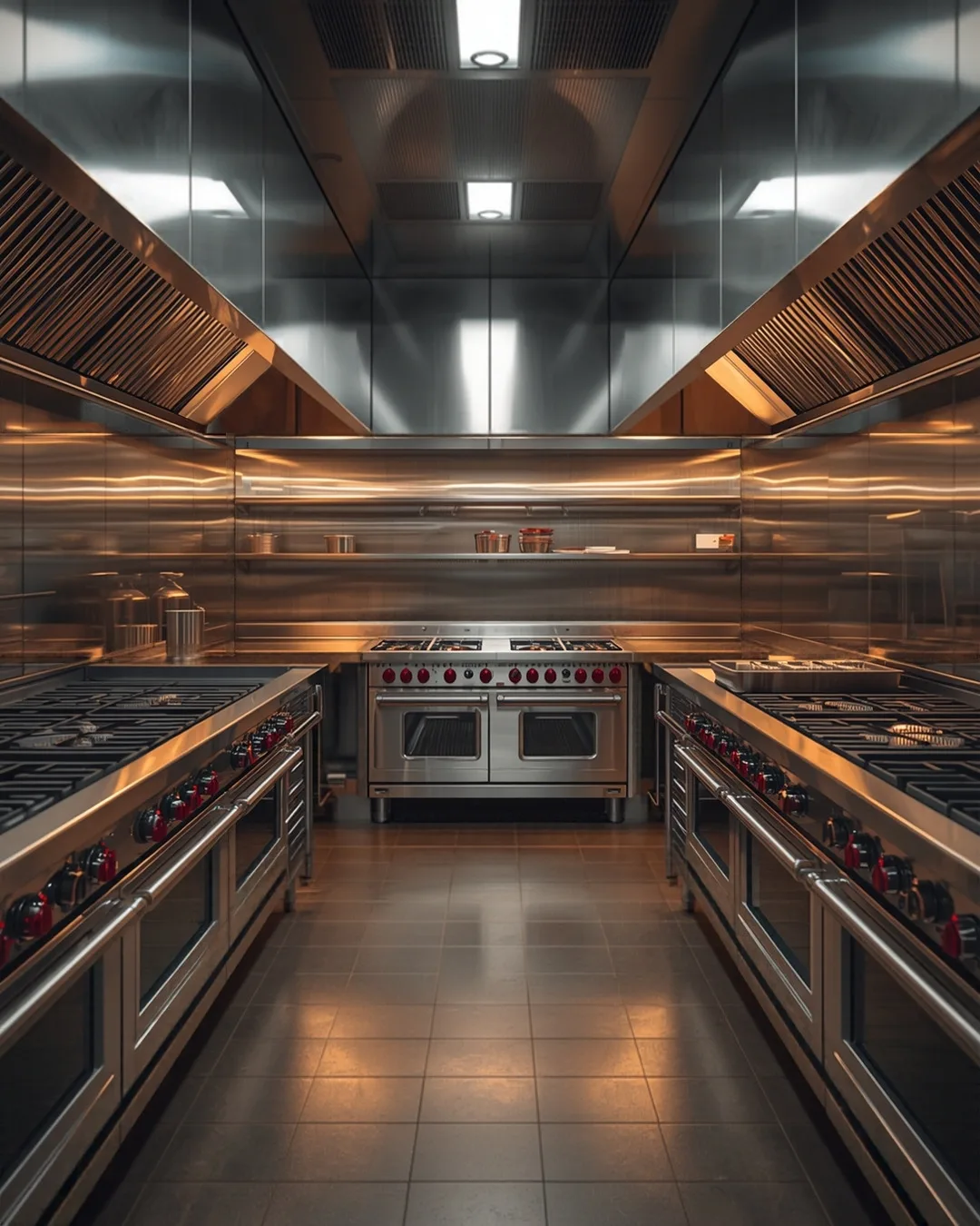 Cozinha profissional com coifa, dutos e exaustores